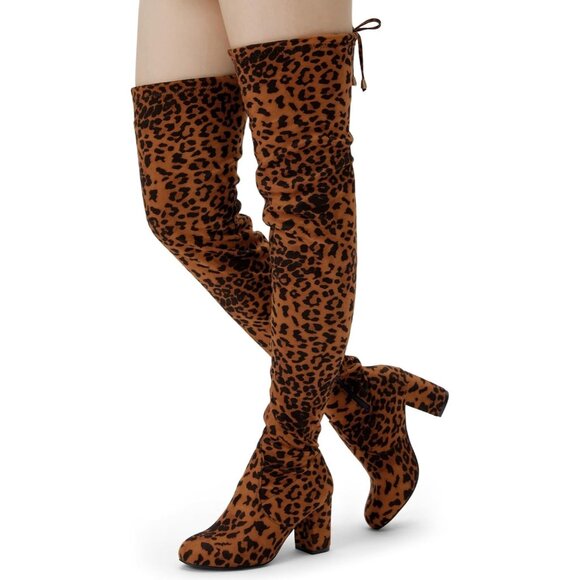 Women's Leopard Suede Inner Zipper Thigh High Over The Knee High Heel Boots - Picture 7 of 7